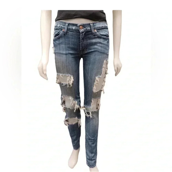 7 For  All Mankind Distressed Low Rise Bootcut Jeans Size 27 - Picture 1 of 11